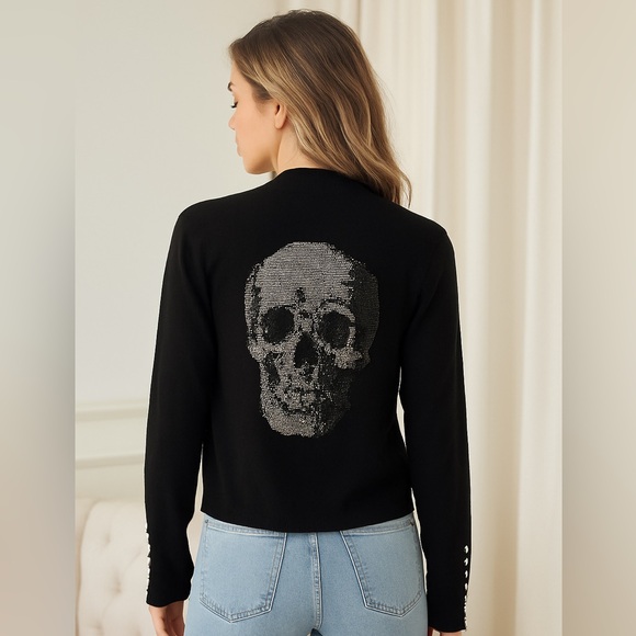 NWT Minnie Rose Skull Studded Black Luxe Punk Glam Grunge Cardigan Open Sweater - Picture 1 of 15